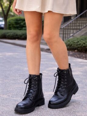 Cole Haan Black Lace-Up Leather Combat Boots
